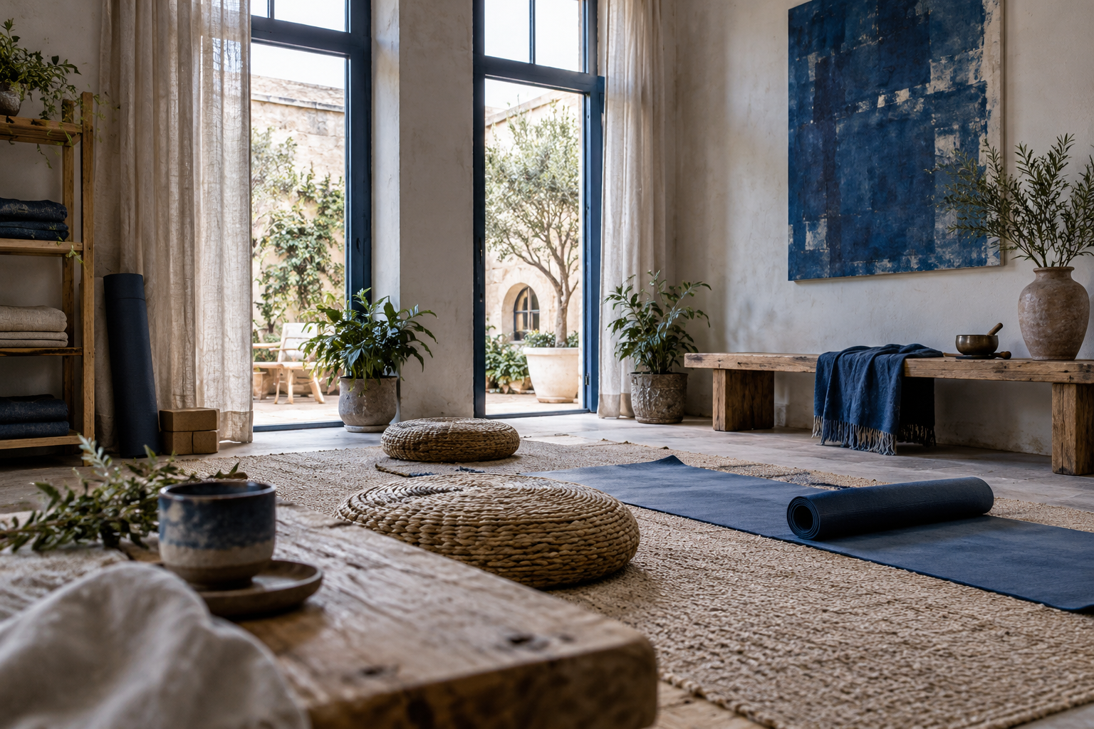 Illustrative scene of wellness studio: woven floor cushions, linen curtains, a timber bench
