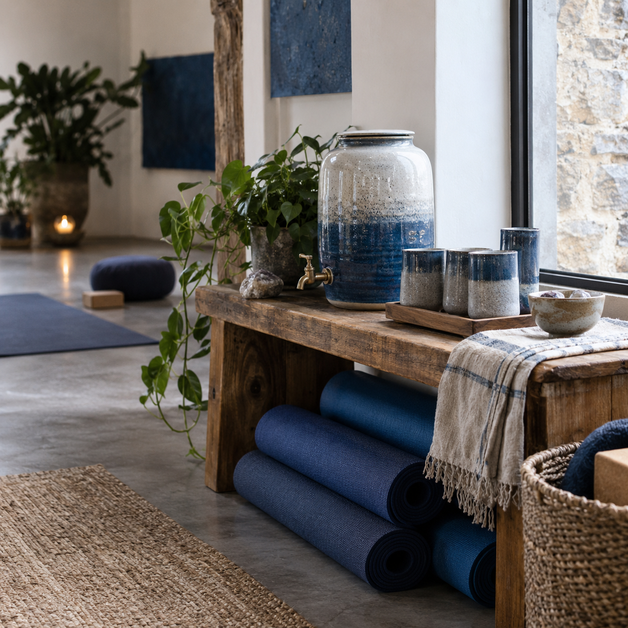 Illustrative scene of wellness studio: a timber bench, ceramic water vessels, rolled yoga mats